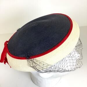 Vintage 1950s Hat Lace Veiled Evelyn Varon Model Red White Blue
